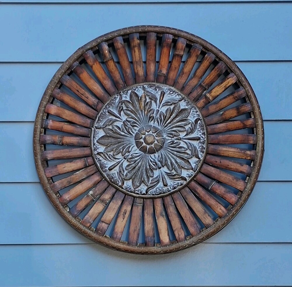VTG ?Pier 1 Round Sunburst Wall Decor;Floral Medallion Rustic/Boho;Whitewash 22"